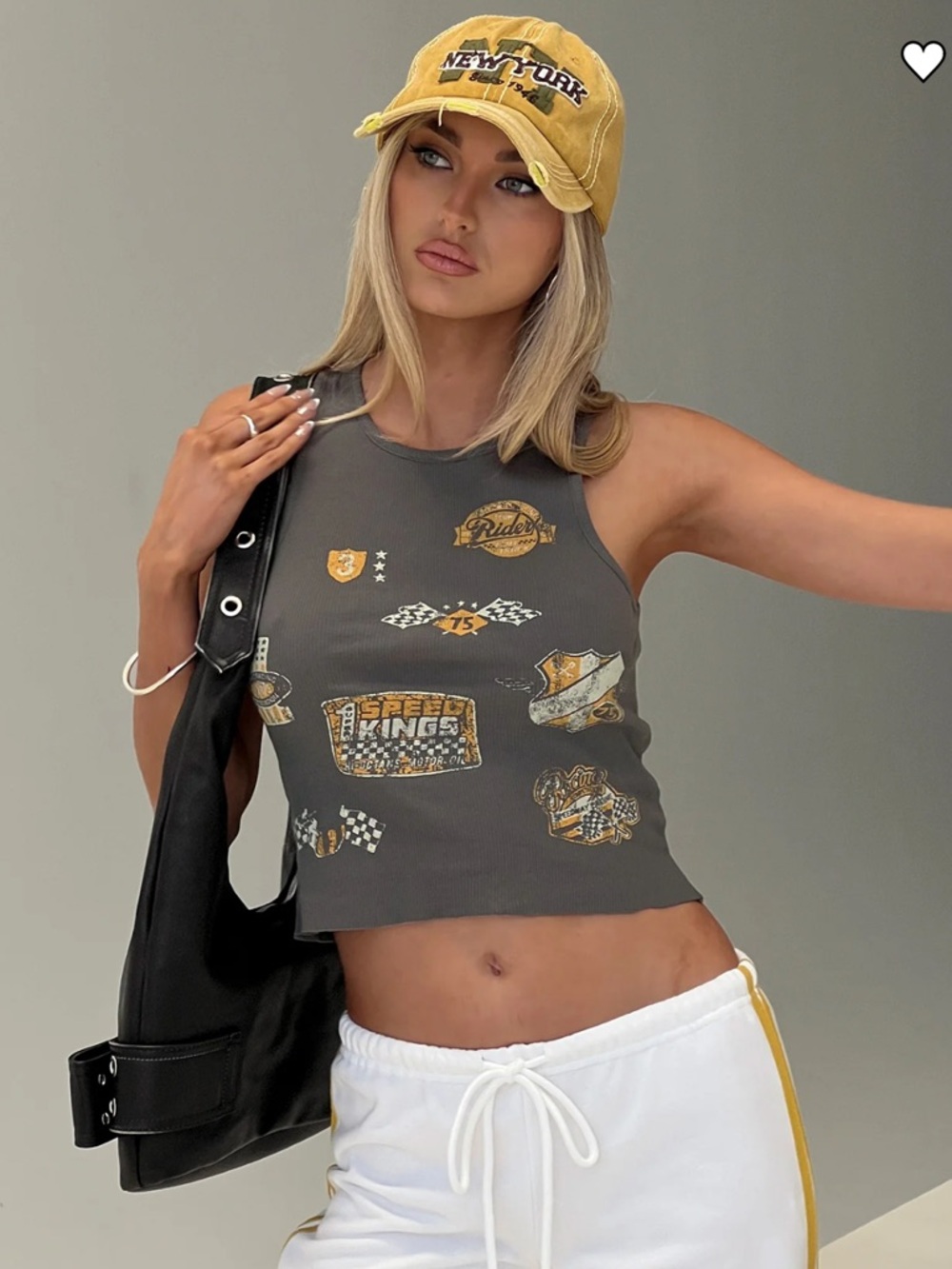Princess Polly Charcoal Gray Racerback Tank with Yellow Graphic Accents